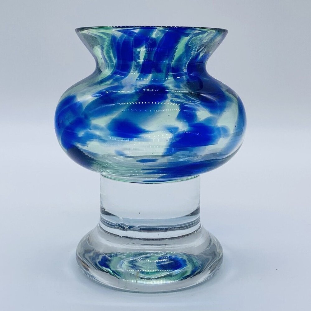 Sea Of Sweden Bjorn Ramel Blue‎ Green Art Glass Heavy Footed Candle Holder 4.5”